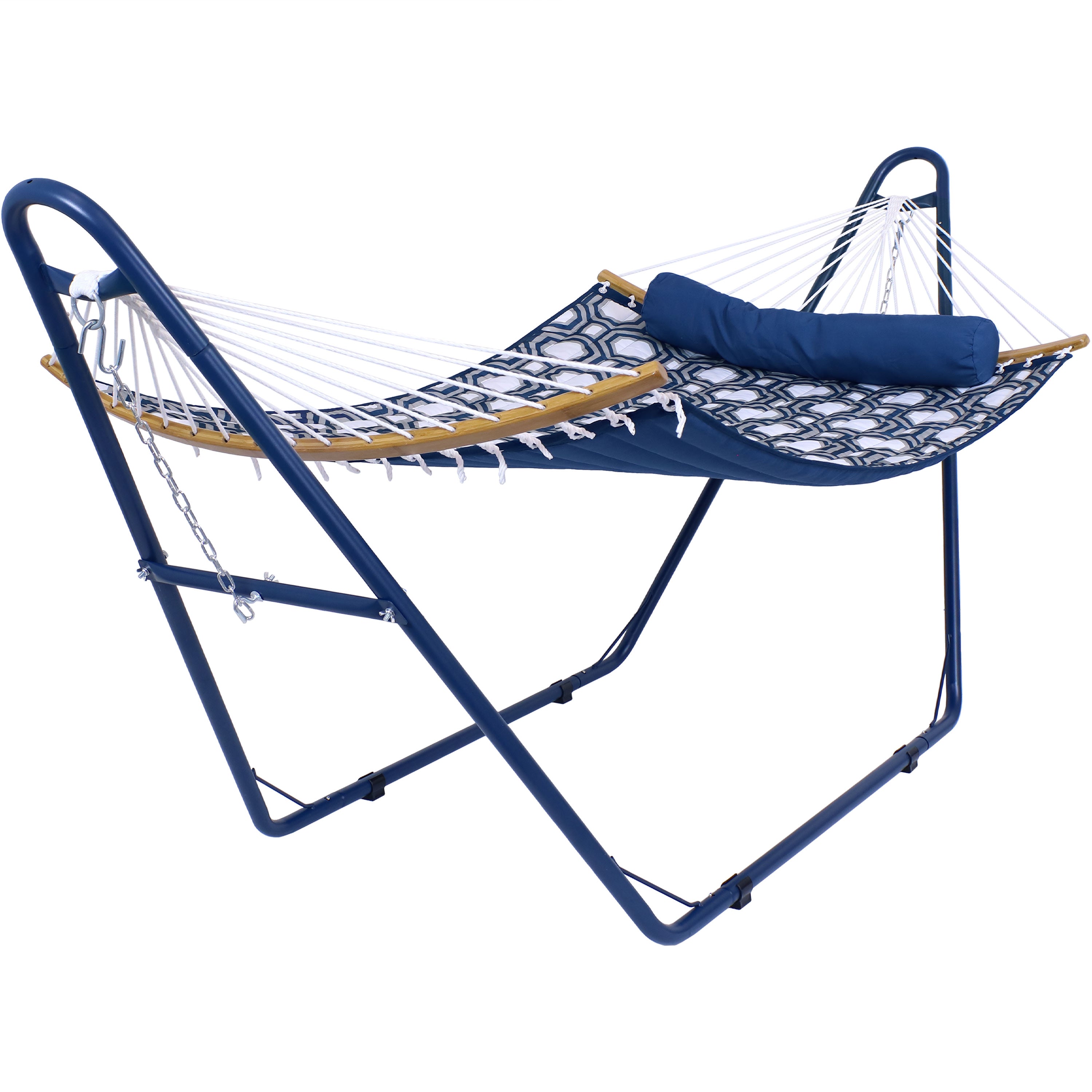  Sunnydaze Decor 2-Person Double Polyester Quilted Hammock with Wood Curved Spreader Bar and Matte Blue Steel Stand - Navy and Gray Tiled Octagon - Dark Blue - Bonton