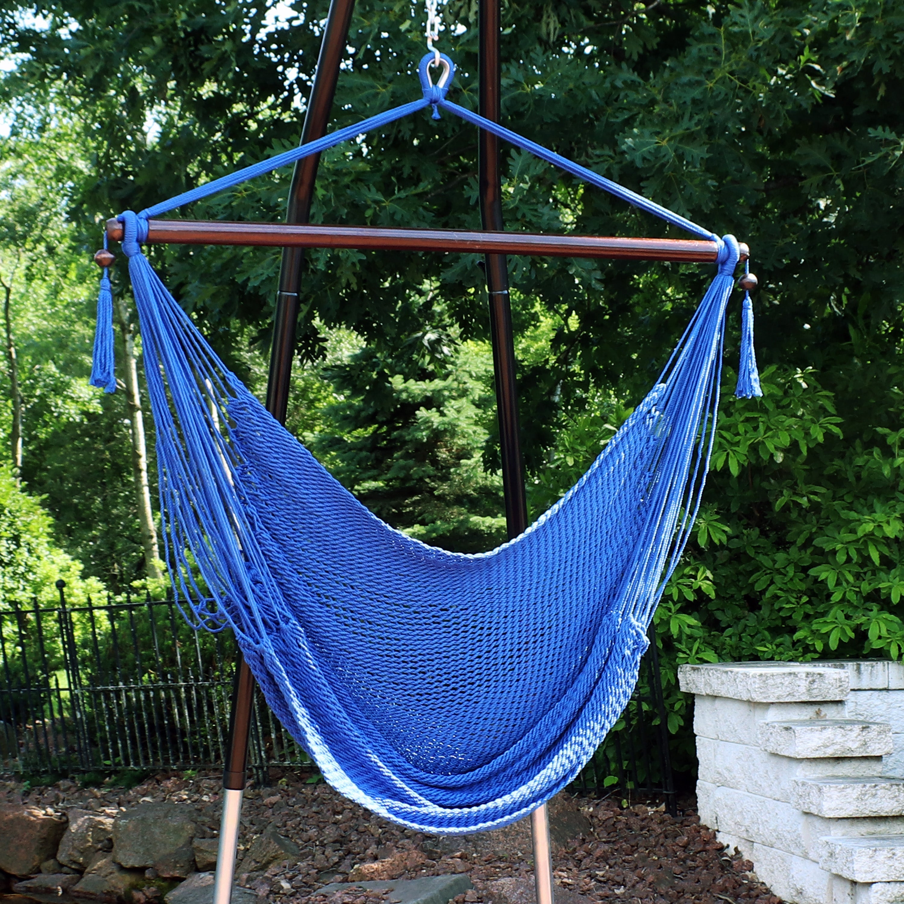  Sunnydaze Decor Caribbean Style Extra Large Hanging Rope Hammock Chair Swing - Sky Blue - Bonton