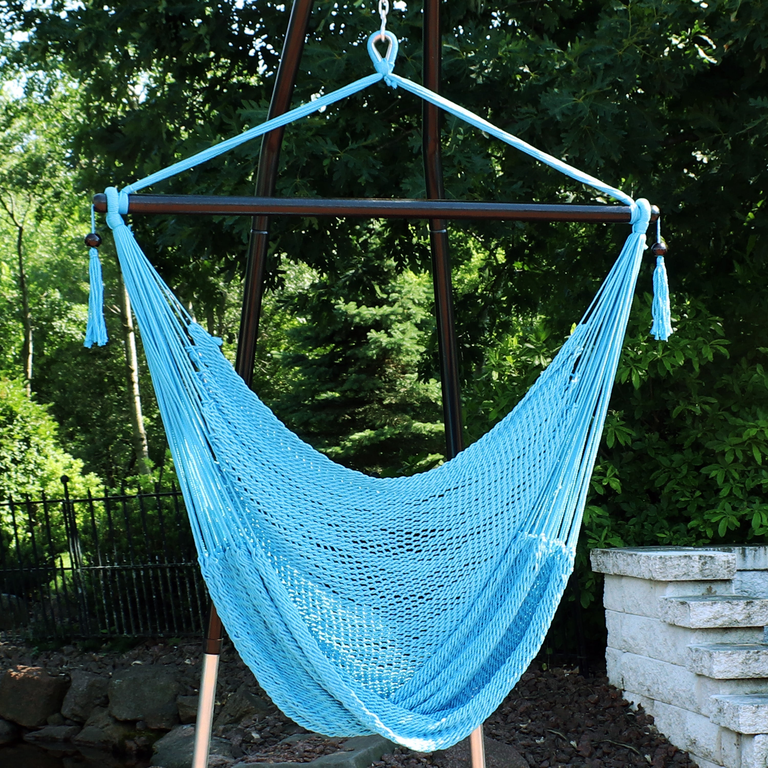  Sunnydaze Decor Caribbean Style Extra Large Hanging Rope Hammock Chair Swing - Caribbean Blue - Bonton