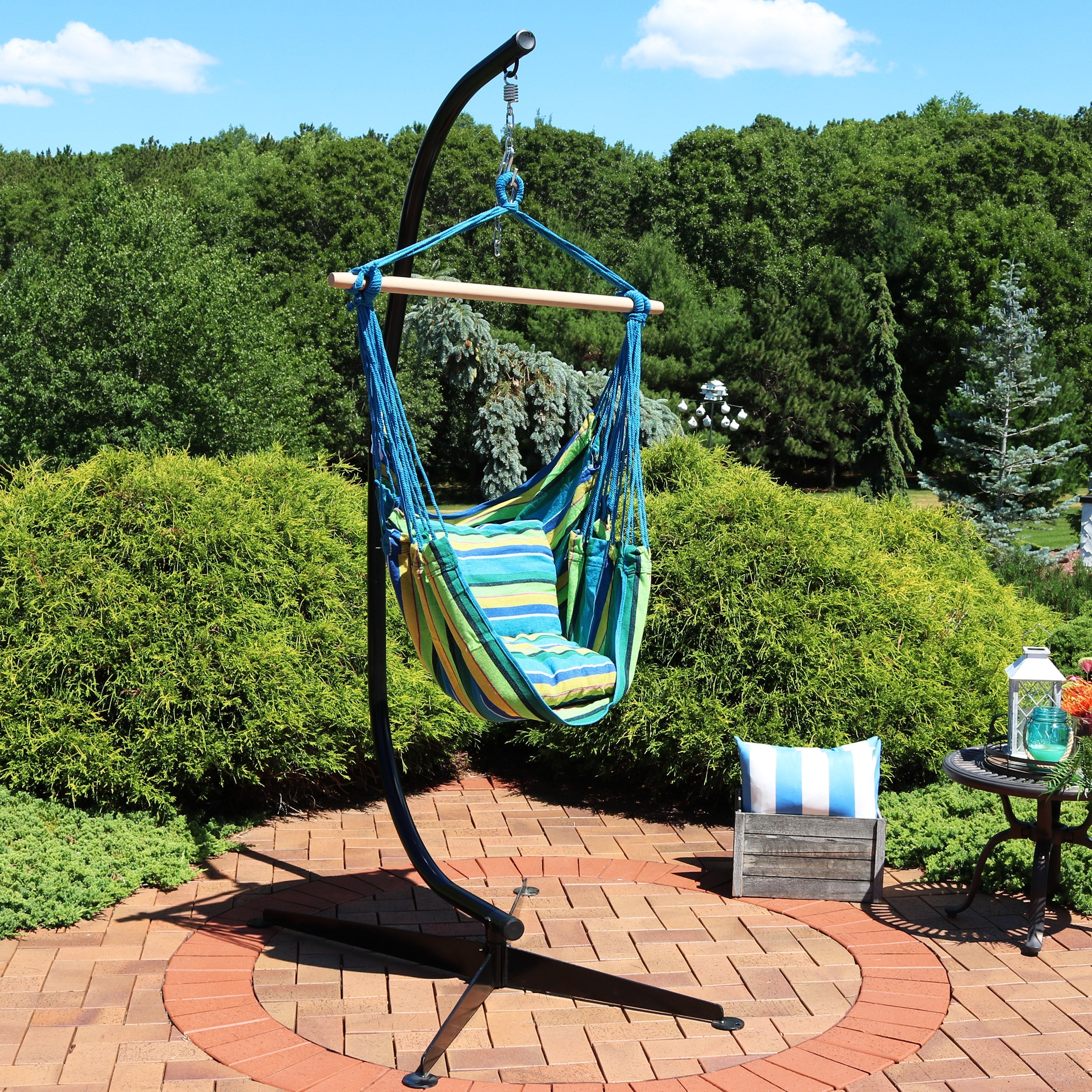  Sunnydaze Decor Double Cushion Hanging Rope Hammock Chair Swing with C-Stand - 265 lb Weight Capacity - Ocean View - Bonton