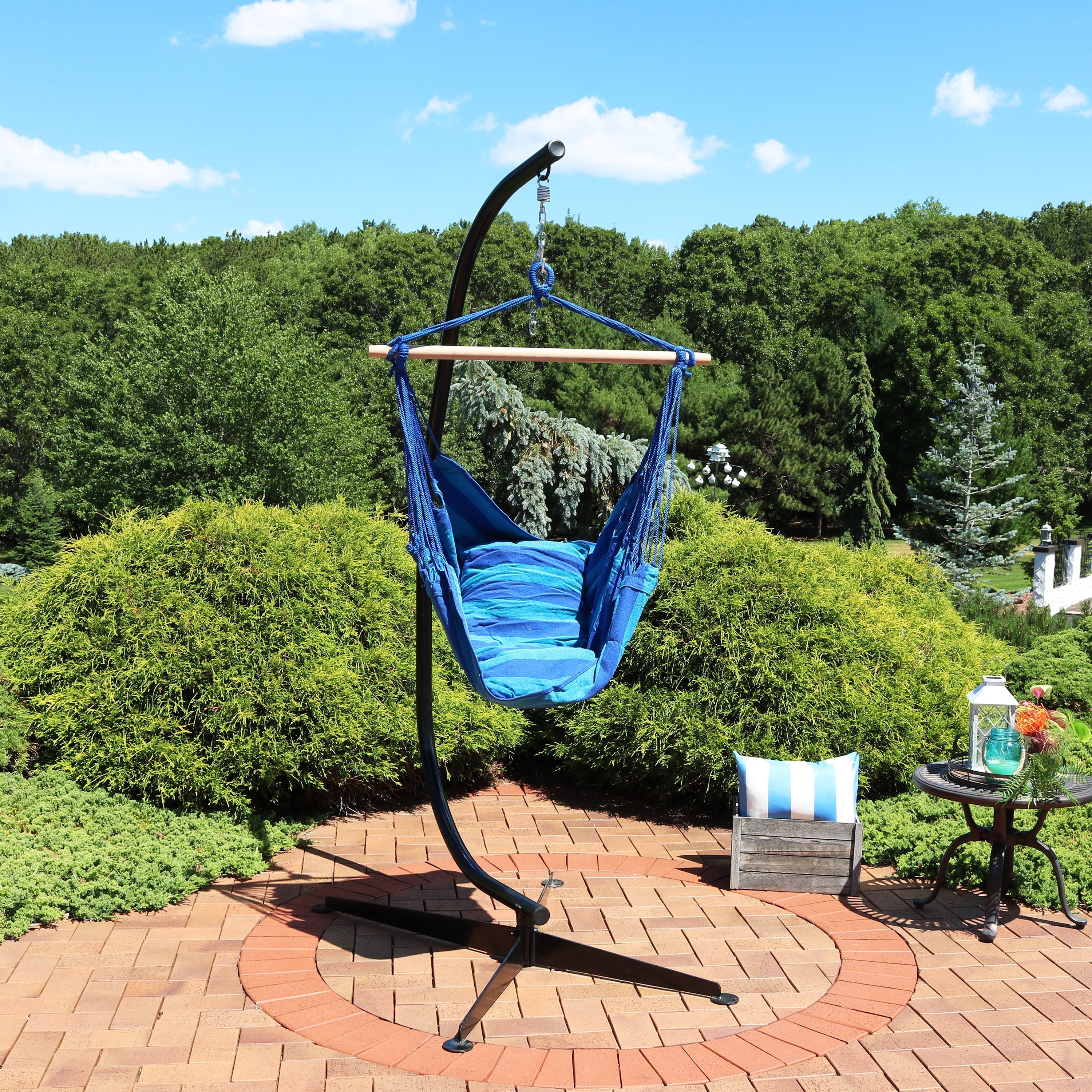  Sunnydaze Decor Double Cushion Hanging Rope Hammock Chair Swing with C-Stand - 265 lb Weight Capacity - Ocean View - Bonton