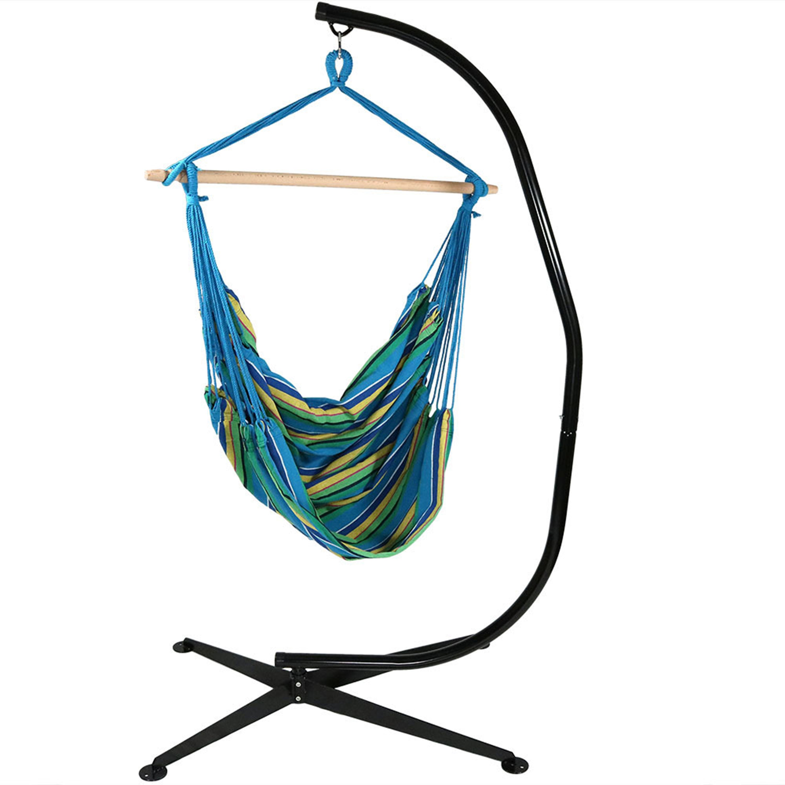  Sunnydaze Decor Jumbo Extra Large Hanging Rope Hammock Chair Swing with C-Stand - 300 lb Weight Capacity - Blue - Bonton