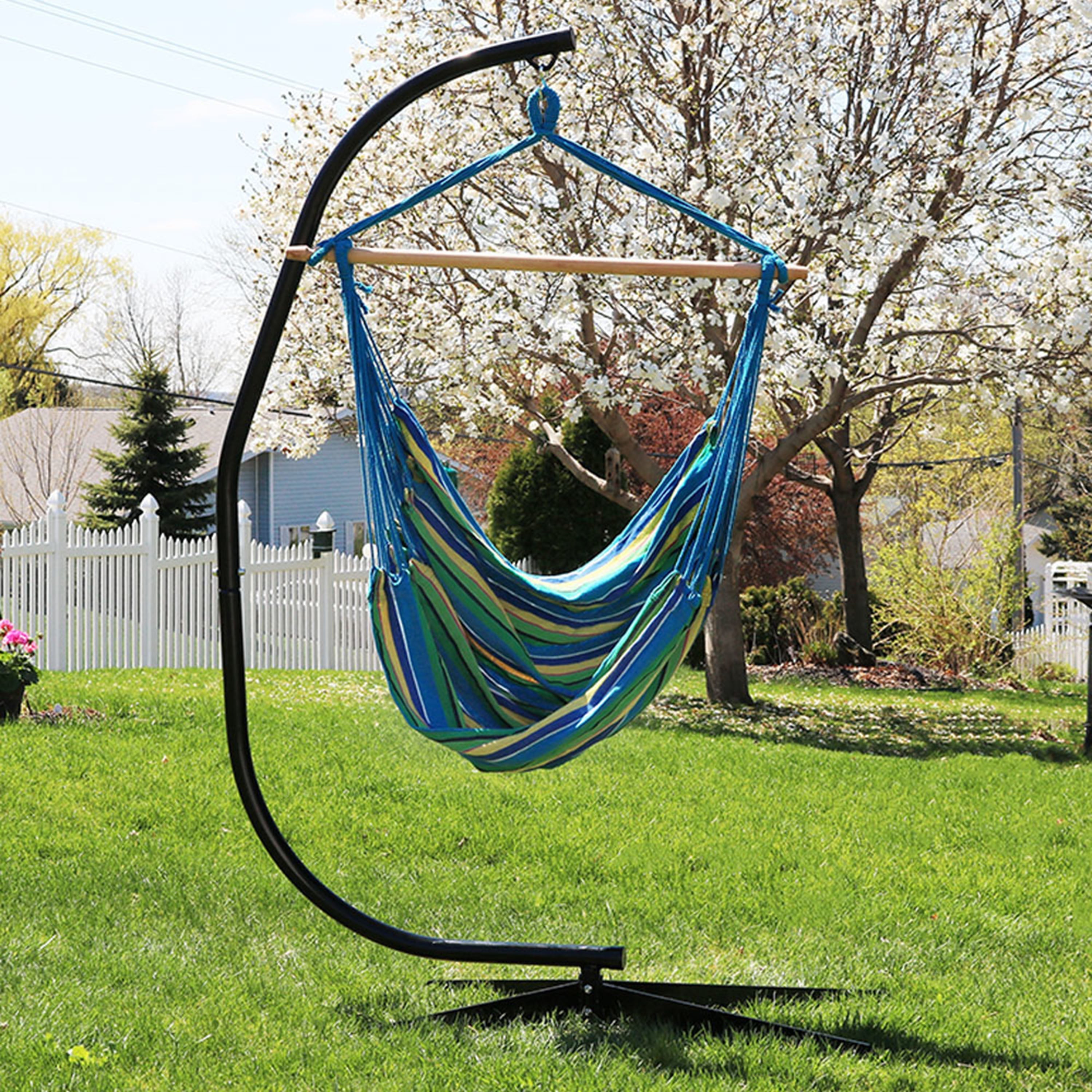  Sunnydaze Decor Jumbo Extra Large Hanging Rope Hammock Chair Swing with C-Stand - 300 lb Weight Capacity - Blue - Bonton