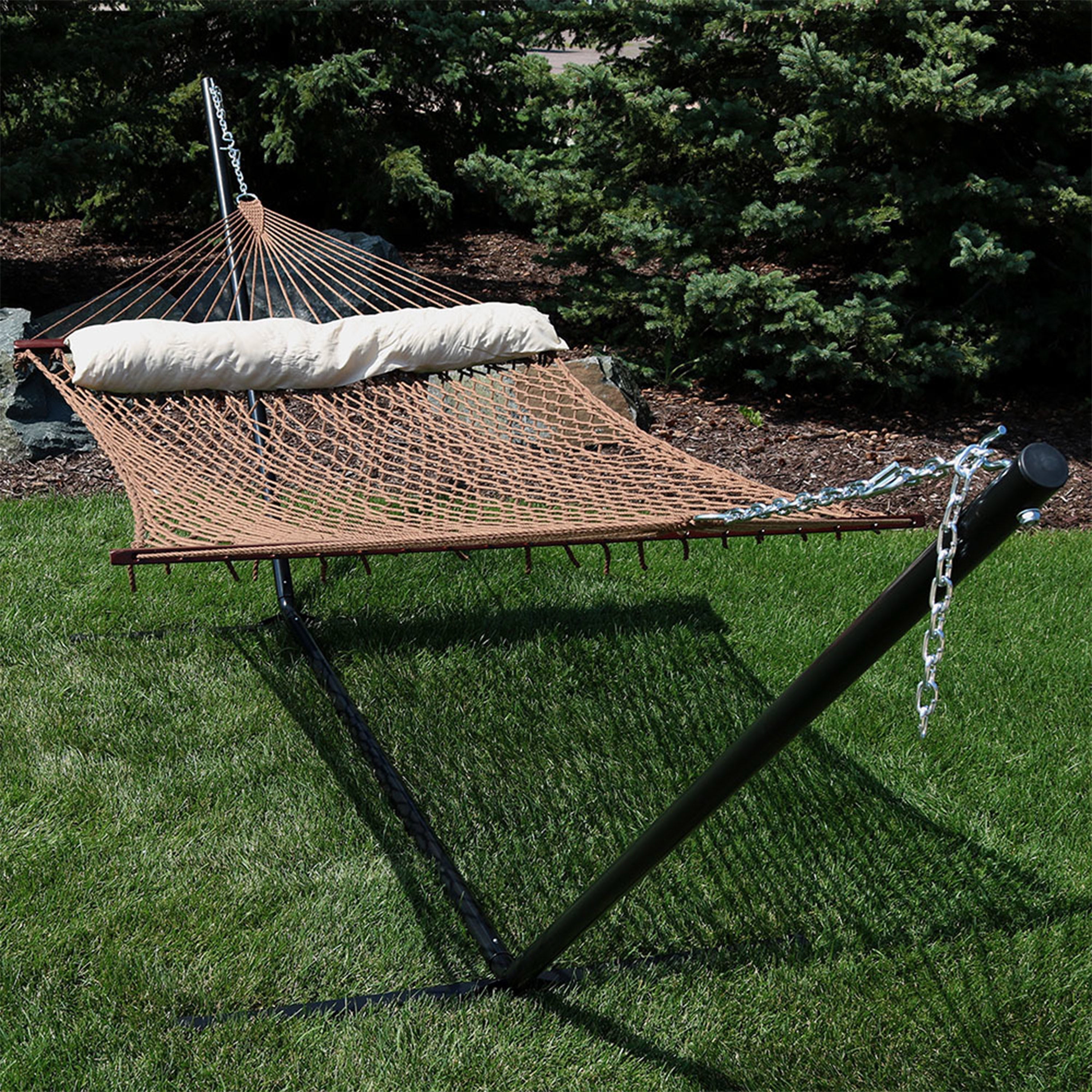  Sunnydaze Decor Large Double Wide Two-Person Polyester Rope Hammock with Steel Stand - 400 lb Weight Capacity/15' Stand - Brown - Brown - Bonton