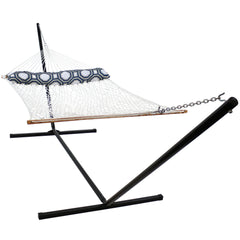 2-Person Double Cotton Rope Hammock with Wood Spreader Bar and 15ft Black Steel Stand - Cream