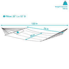 Two-Person Quilted Fabric Hammock with Spreader Bars and Detachable Pillow - 440 lb Weight Capacity