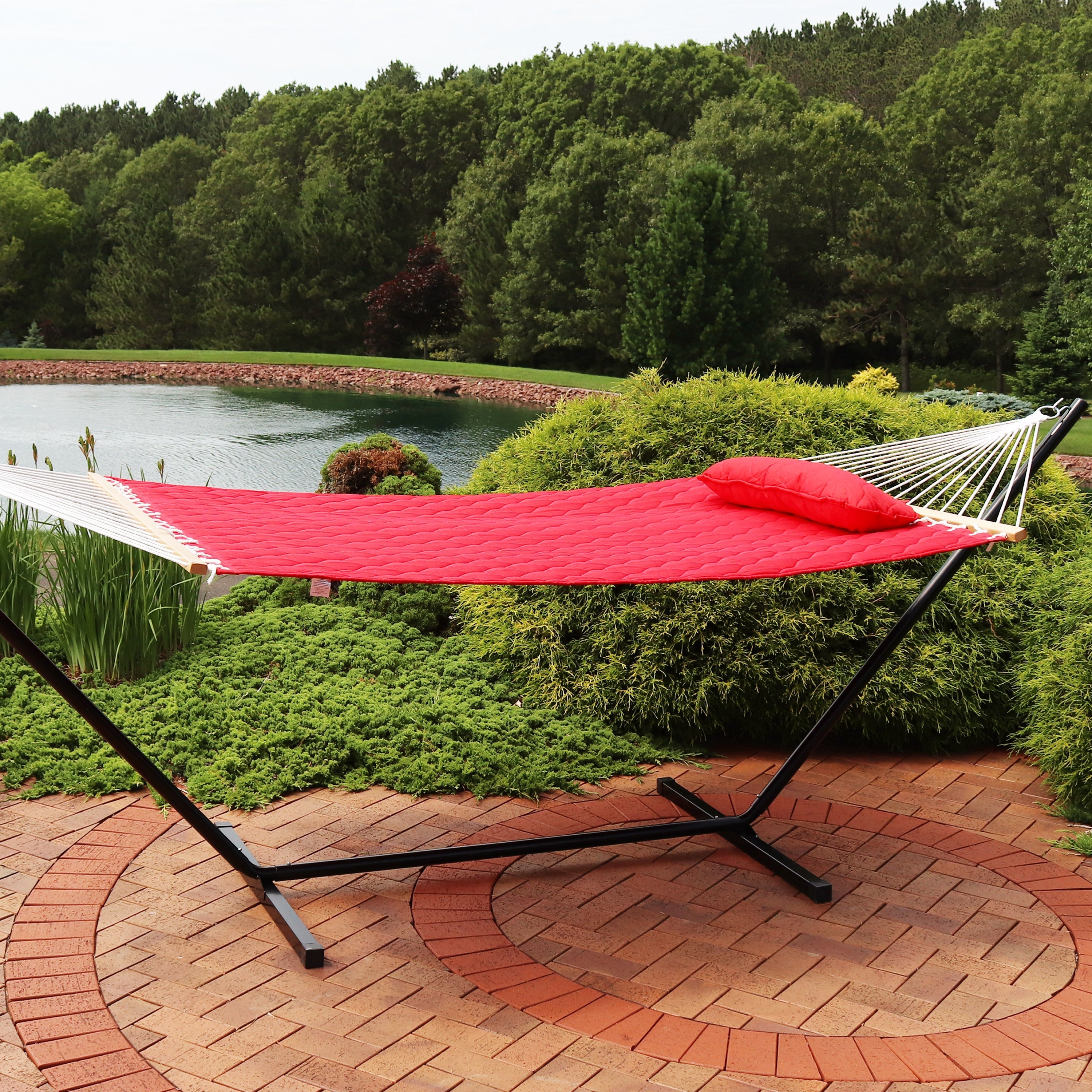  Sunnydaze Decor Two-Person Quilted Fabric Hammock with Spreader Bars and Detachable Pillow - 440 lb Weight Capacity - Red - Bonton