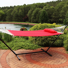 Two-Person Quilted Fabric Hammock with Spreader Bars and Detachable Pillow - 440 lb Weight Capacity