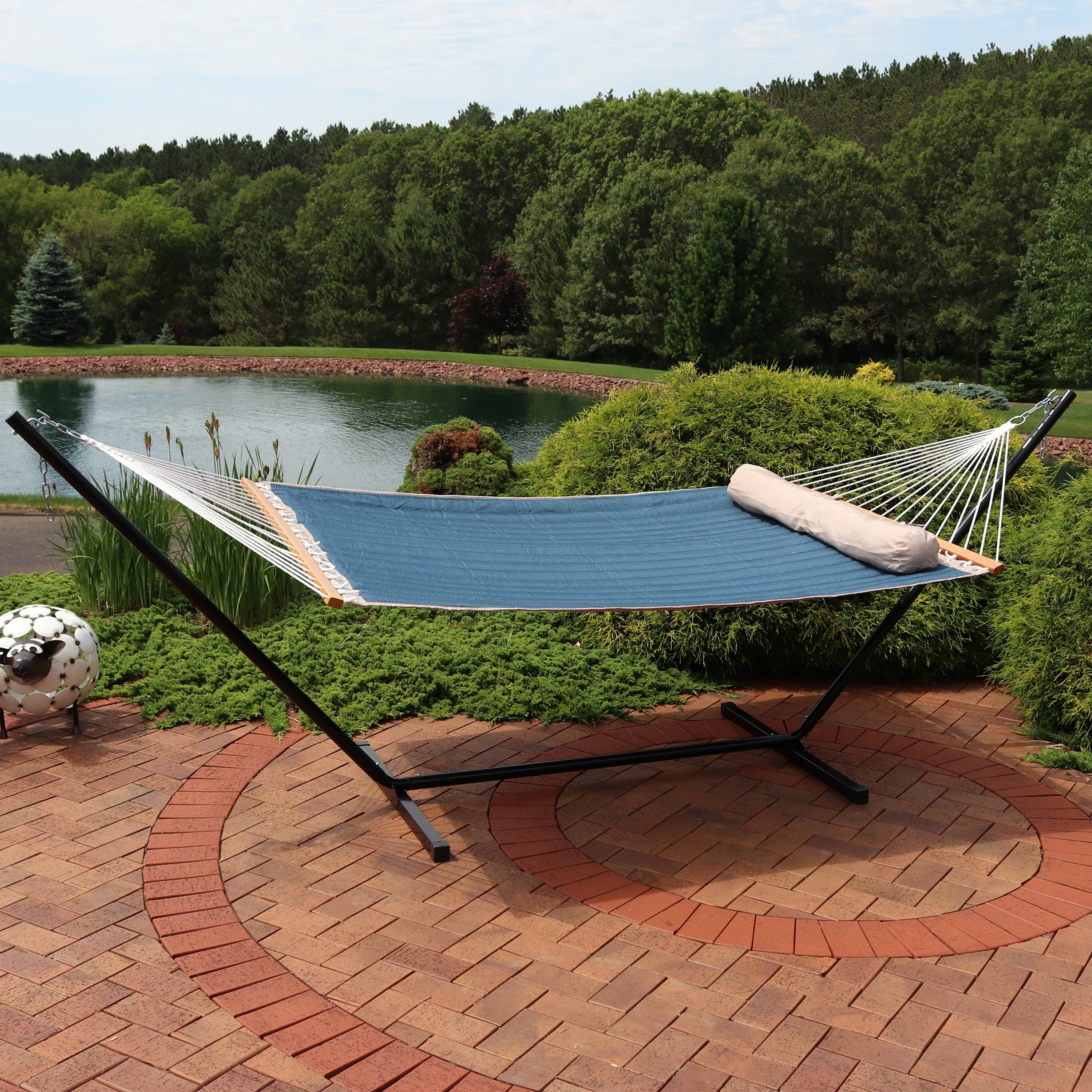  Sunnydaze Decor 2-Person Quilted Fabric Hammock with Spreader Bars with Freestanding Stand and Detachable Pillow - 350 lb Capacity - Tidal Wave - Blue - Bonton