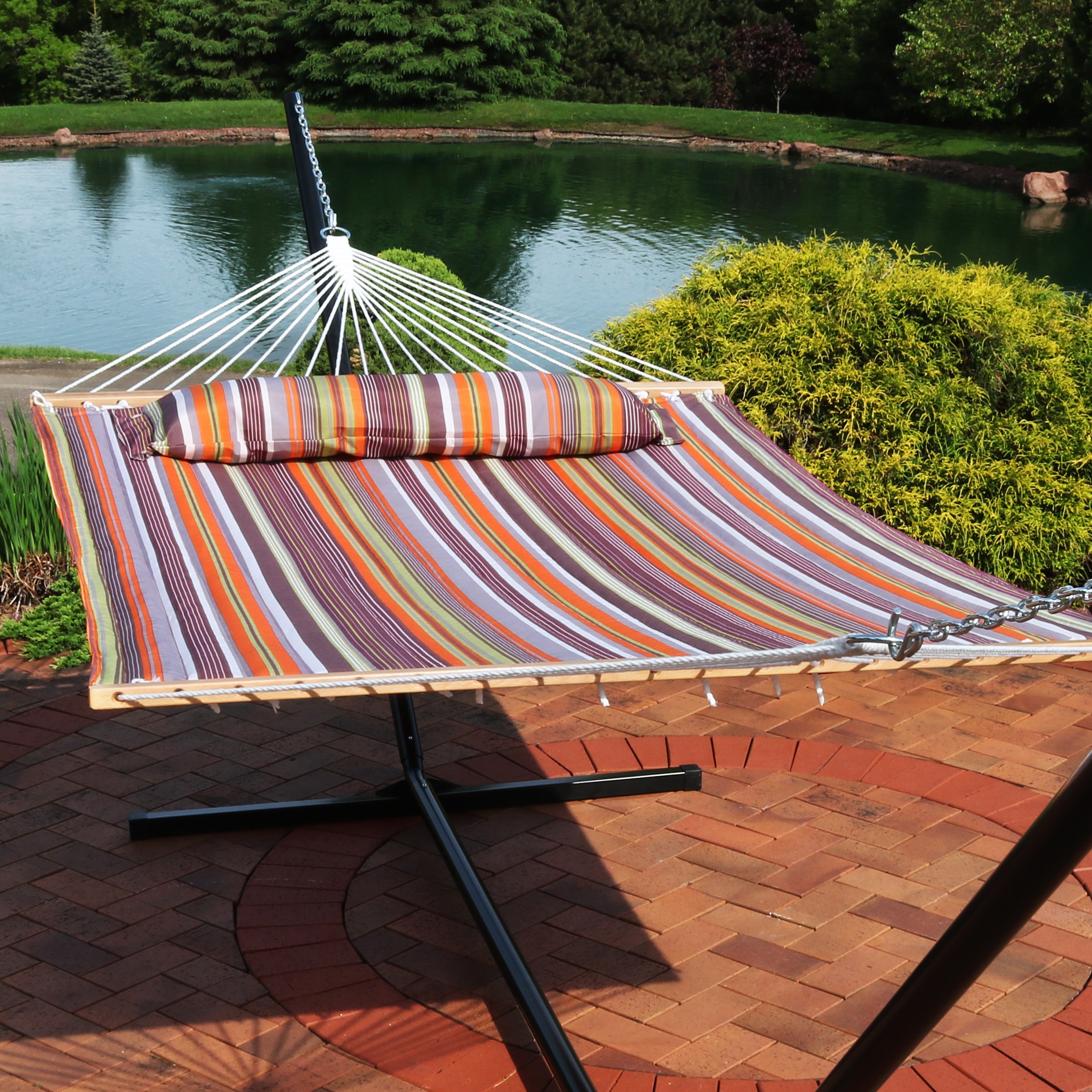  Sunnydaze Decor Quilted Fabric Hammock Two-Person with Spreader Bars - 450 lb Weight Capacity - Nautical Stripe - Bonton