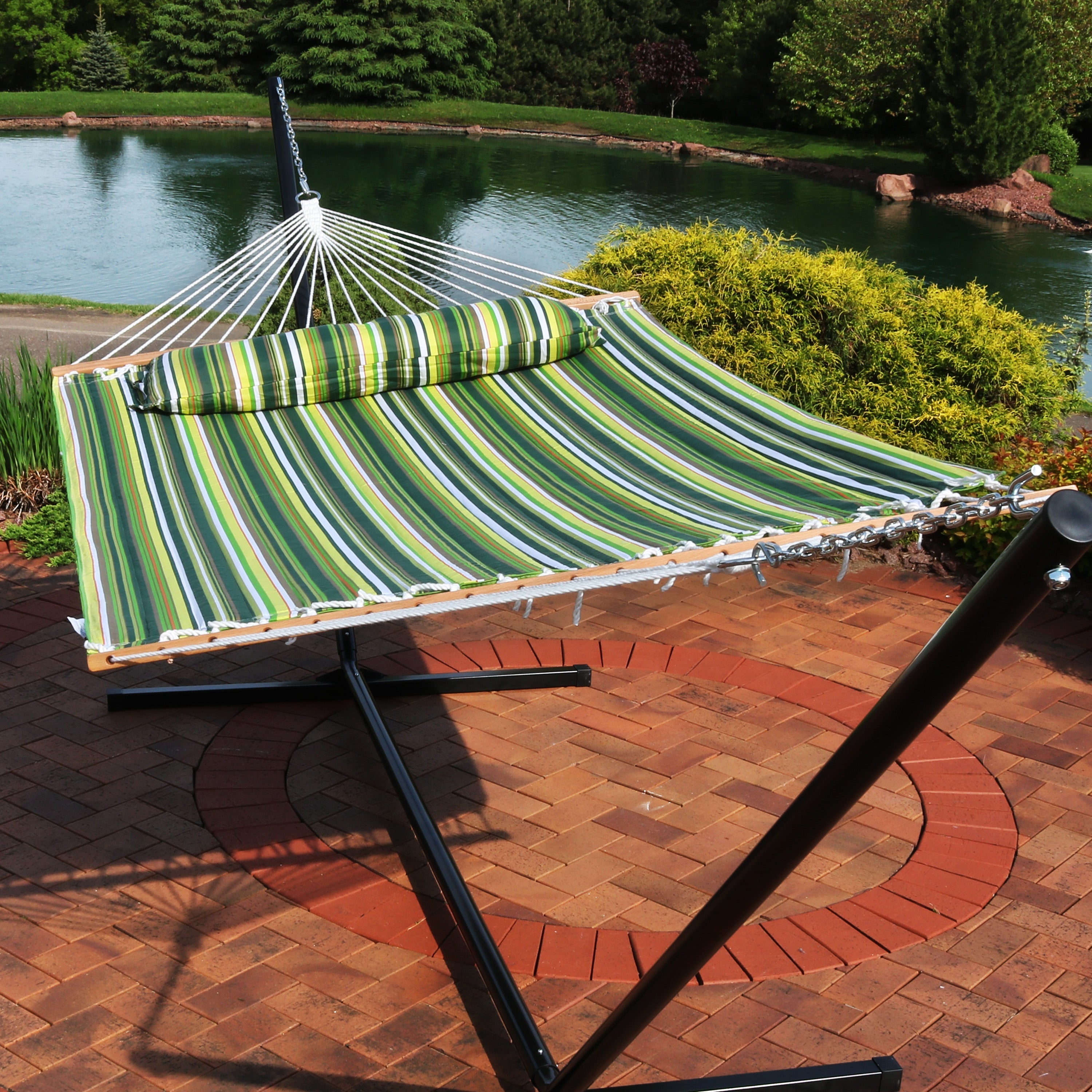  Sunnydaze Decor Quilted Fabric Hammock Two-Person with Spreader Bars - 450 lb Weight Capacity - Nautical Stripe - Bonton