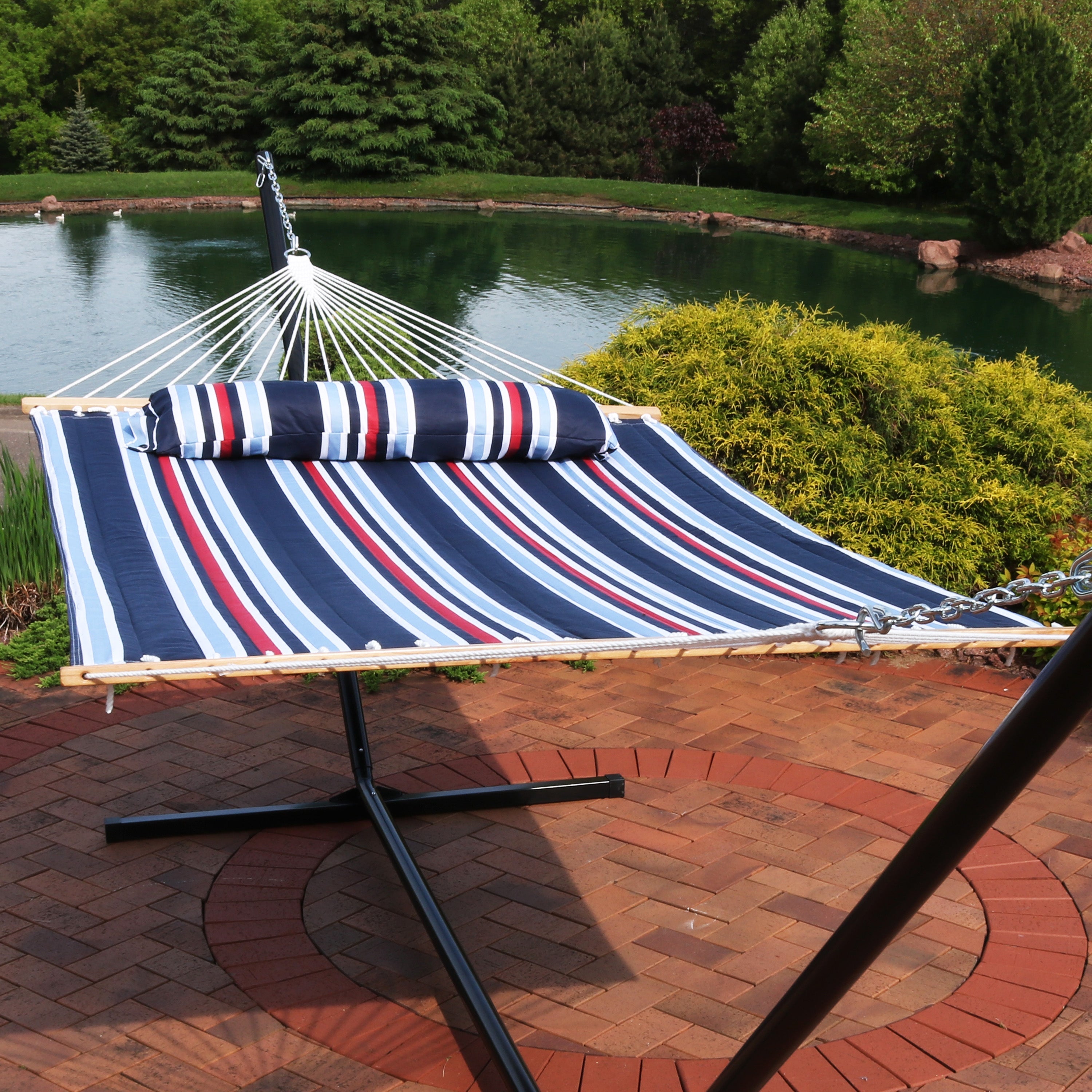  Sunnydaze Decor Quilted Fabric Hammock Two-Person with Spreader Bars - 450 lb Weight Capacity - Black & White - Bonton