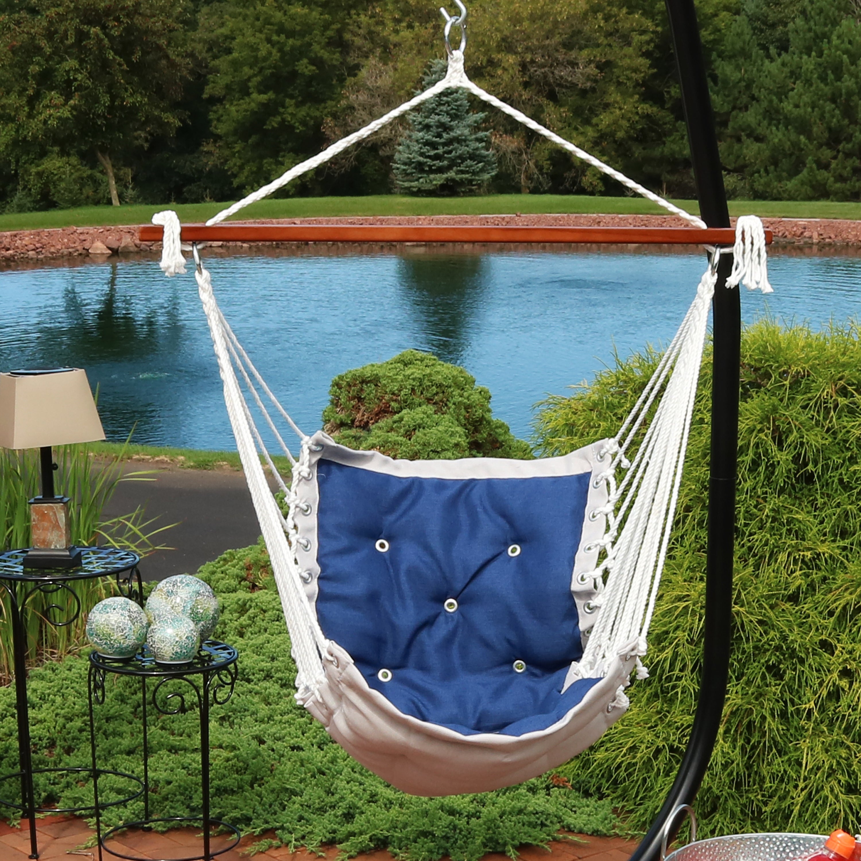  Sunnydaze Decor Large Tufted Victorian Hanging Hammock Chair Swing - 300 lb Weight Capacity - Navy Blue - Bonton