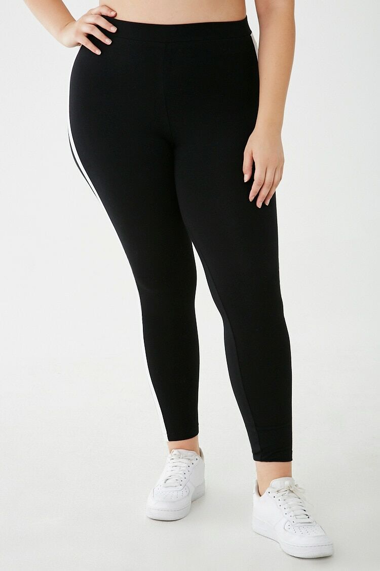  Forever 21 Plus Size Striped-Trim Leggings - black-white - Bonton