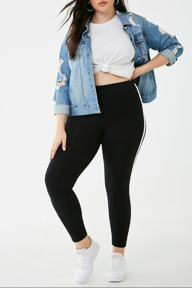  Forever 21 Plus Size Striped-Trim Leggings - black-white - Bonton