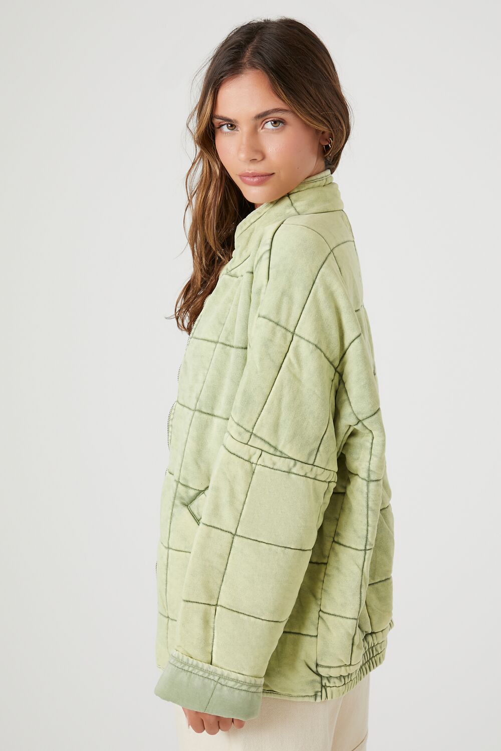  Forever 21 Quilted Zip-Up Jacket - avocado-swatch - Bonton
