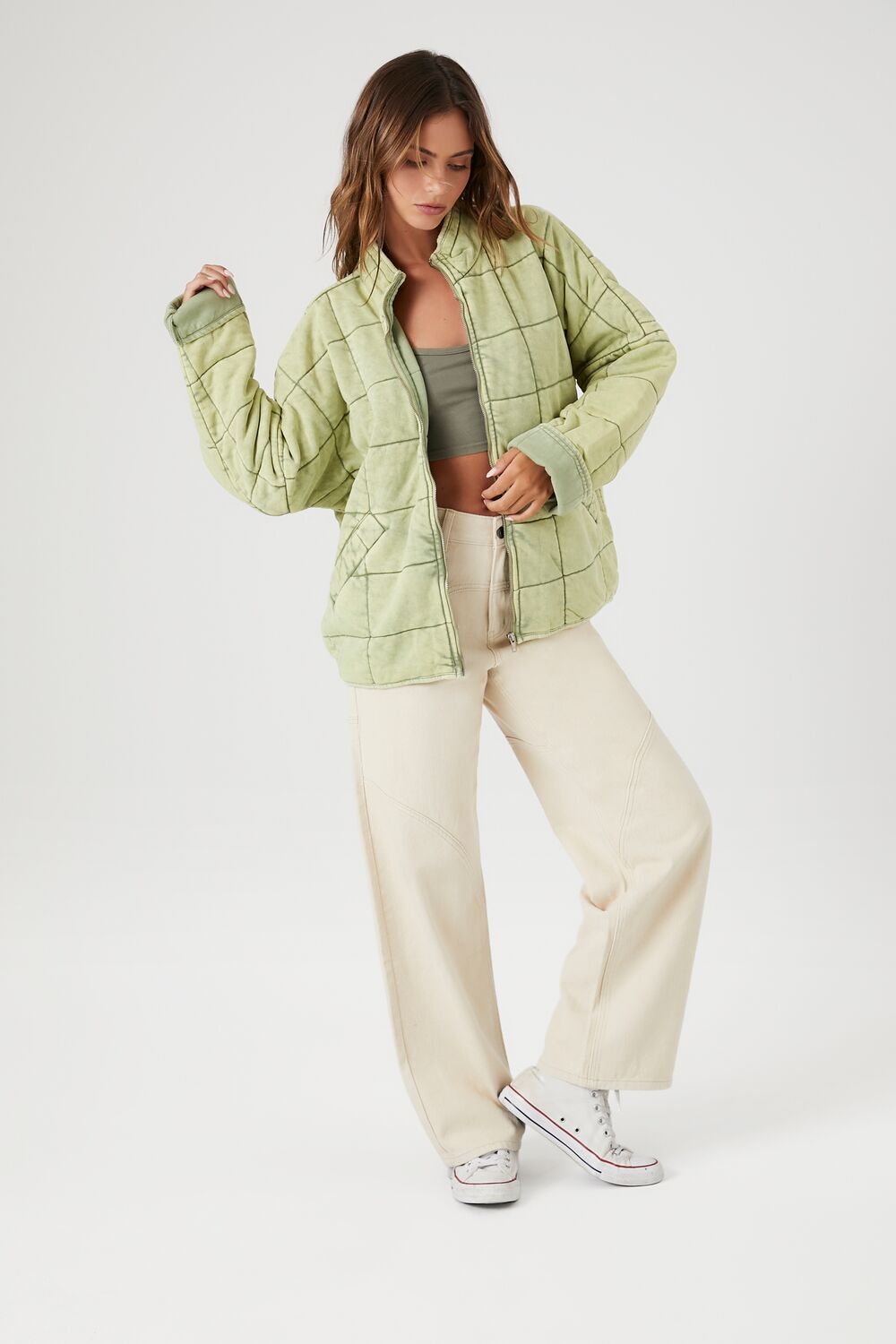  Forever 21 Quilted Zip-Up Jacket - avocado-swatch - Bonton