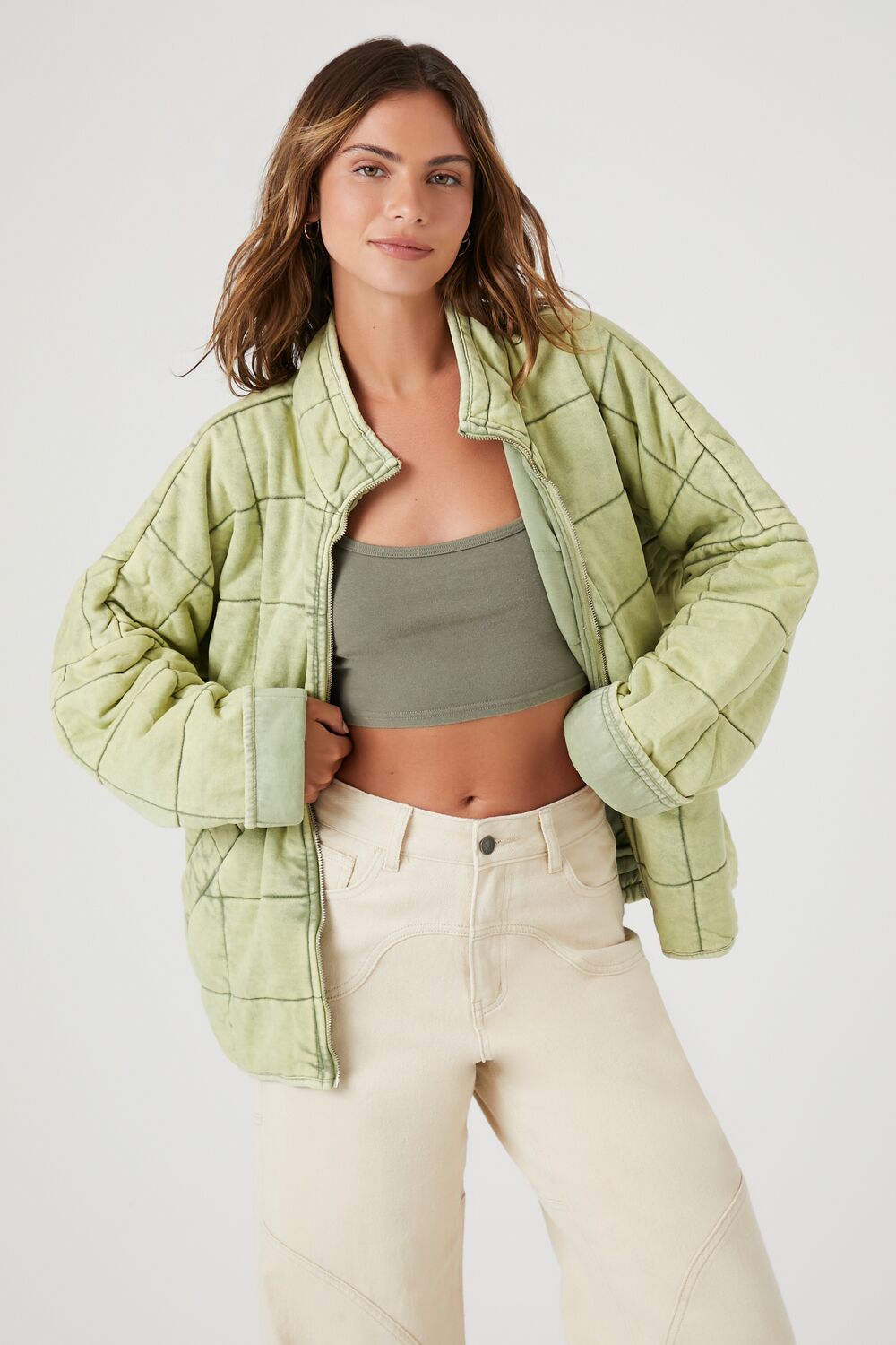  Forever 21 Quilted Zip-Up Jacket - avocado-swatch - Bonton