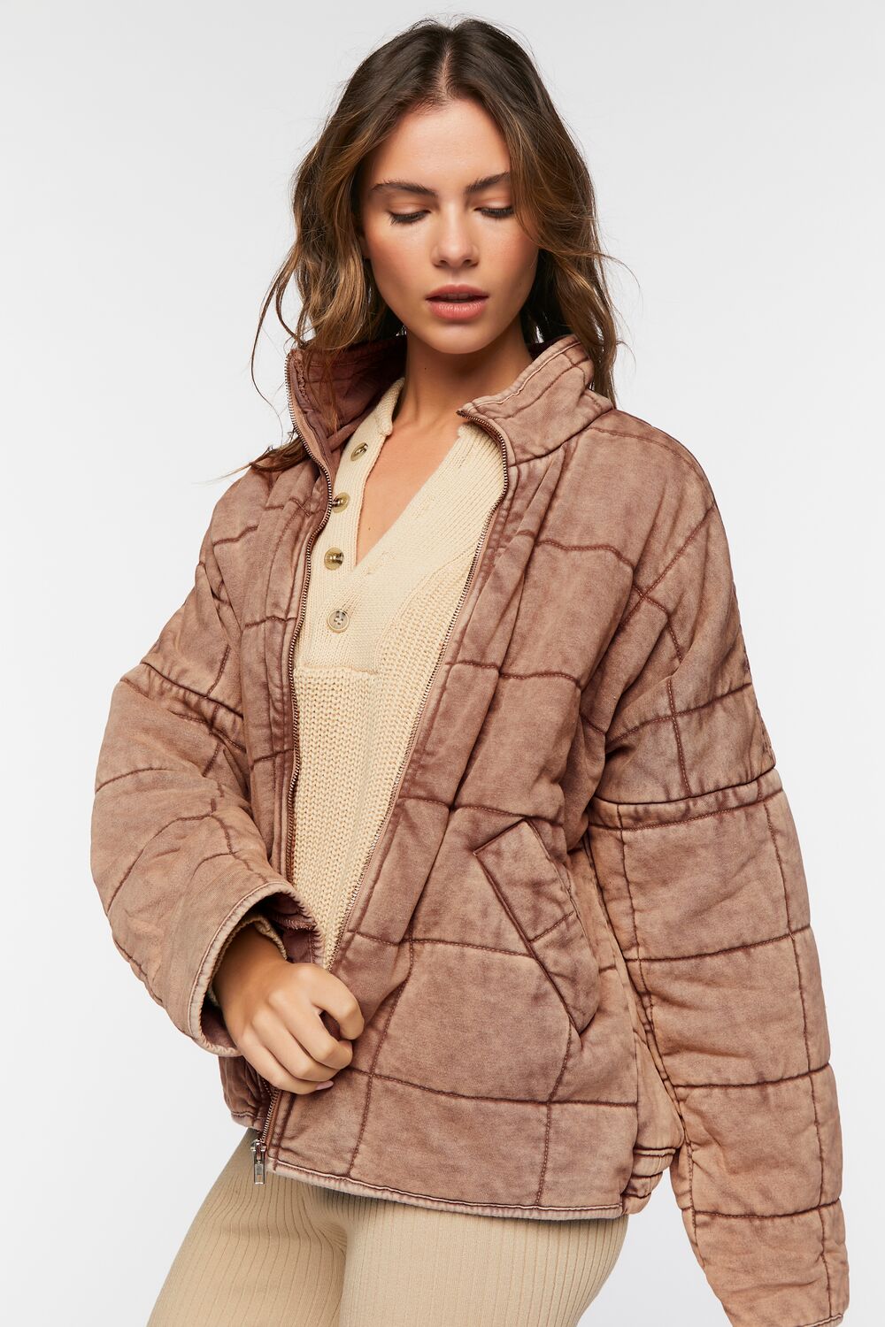  Forever 21 Quilted Zip-Up Jacket - avocado-swatch - Bonton