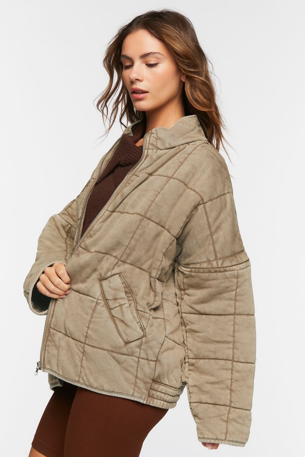  Forever 21 Quilted Zip-Up Jacket - avocado-swatch - Bonton