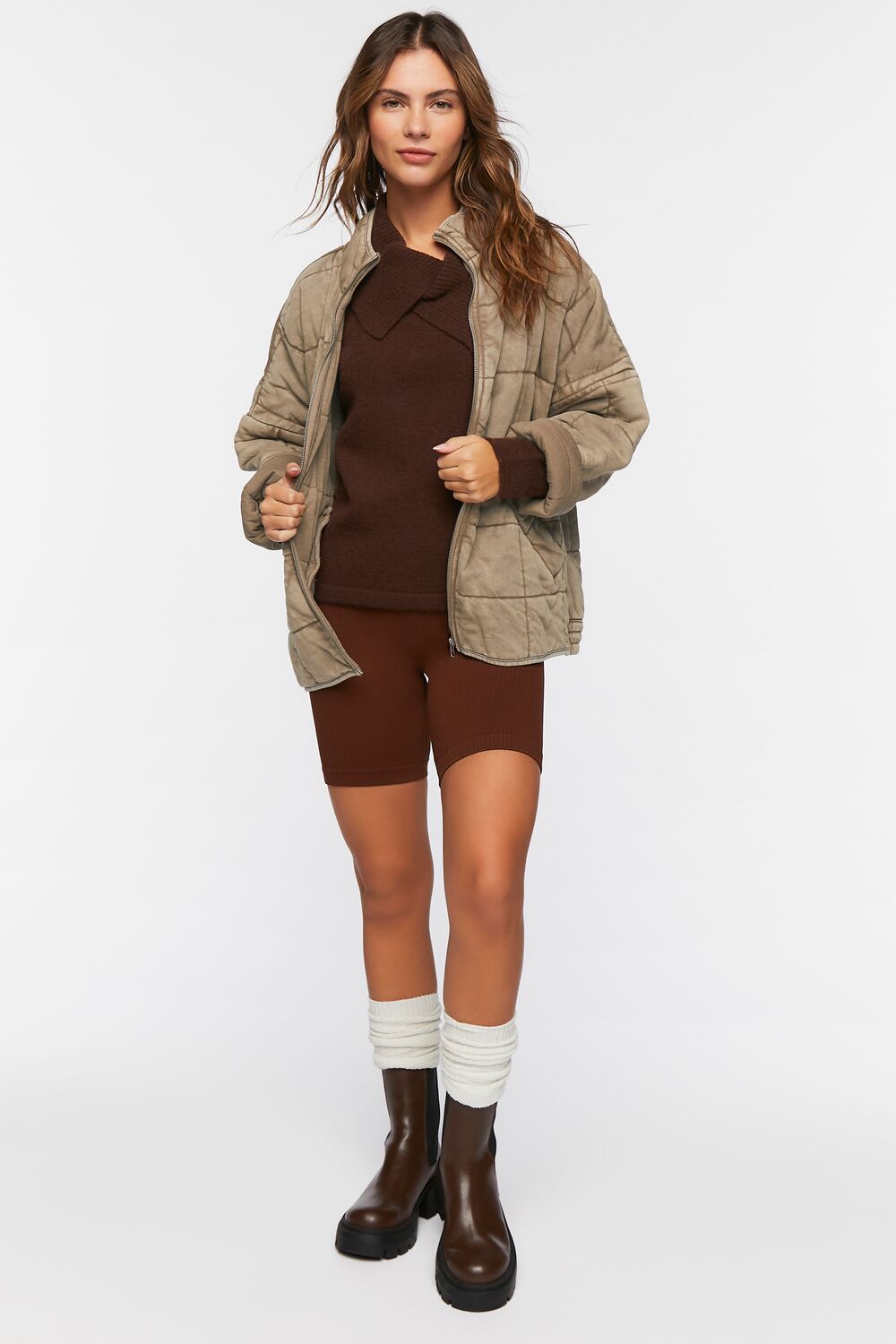  Forever 21 Quilted Zip-Up Jacket - avocado-swatch - Bonton