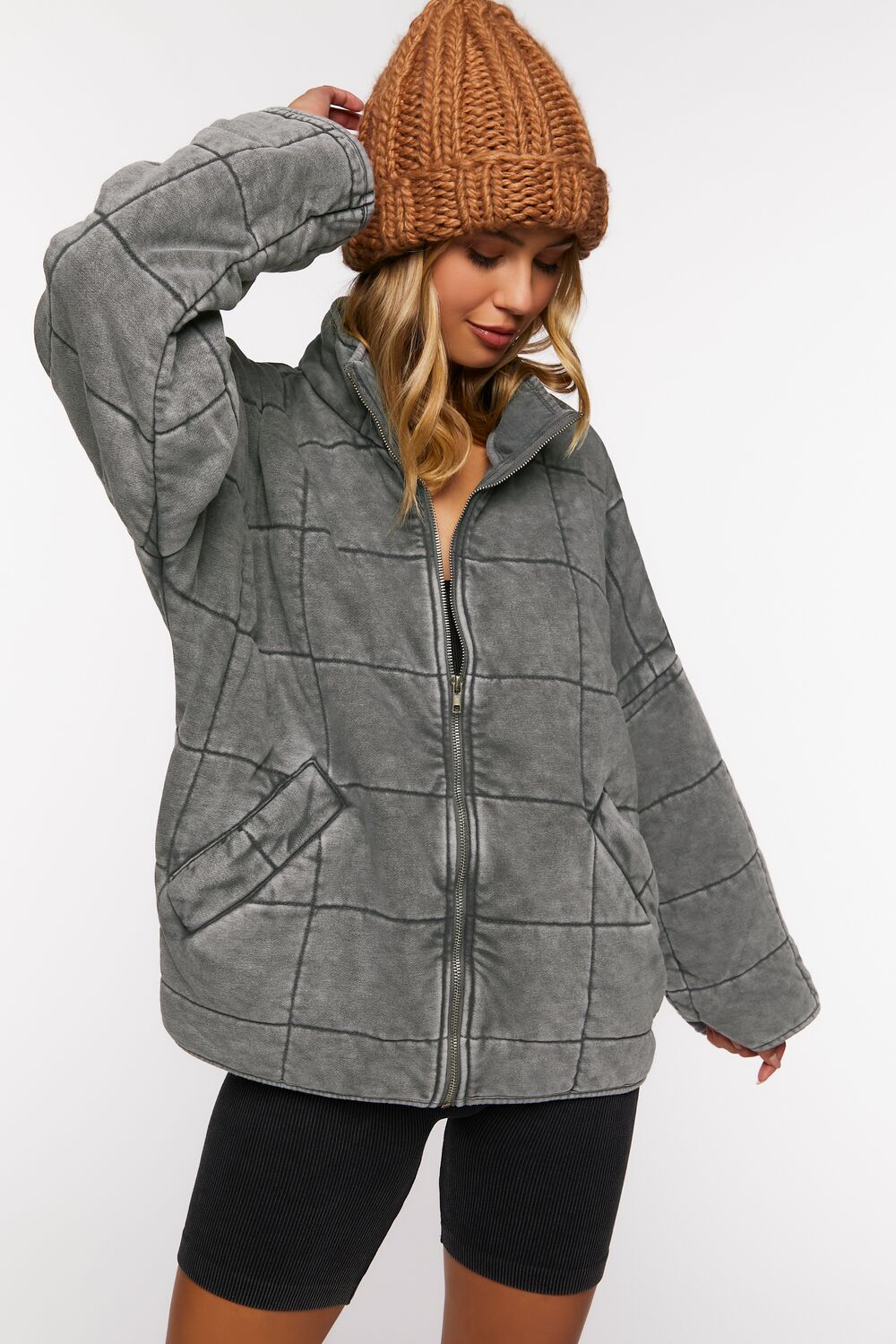  Forever 21 Quilted Zip-Up Jacket - avocado-swatch - Bonton