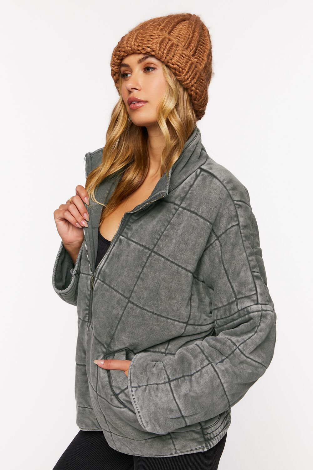  Forever 21 Quilted Zip-Up Jacket - avocado-swatch - Bonton