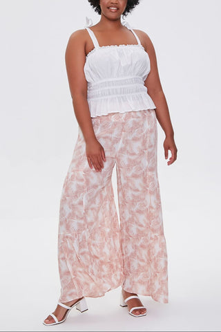 Plus Size Leaf Print Wide-Leg Pants