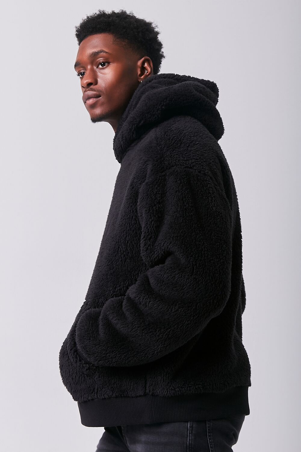  Forever 21 Faux Shearling Teddy Hoodie - black-swatch - Bonton
