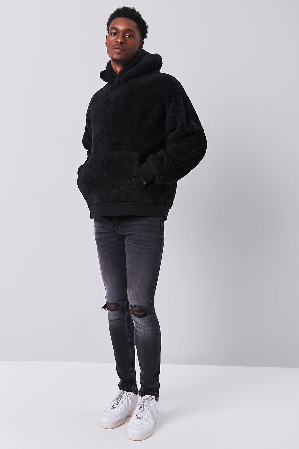  Forever 21 Faux Shearling Teddy Hoodie - black-swatch - Bonton