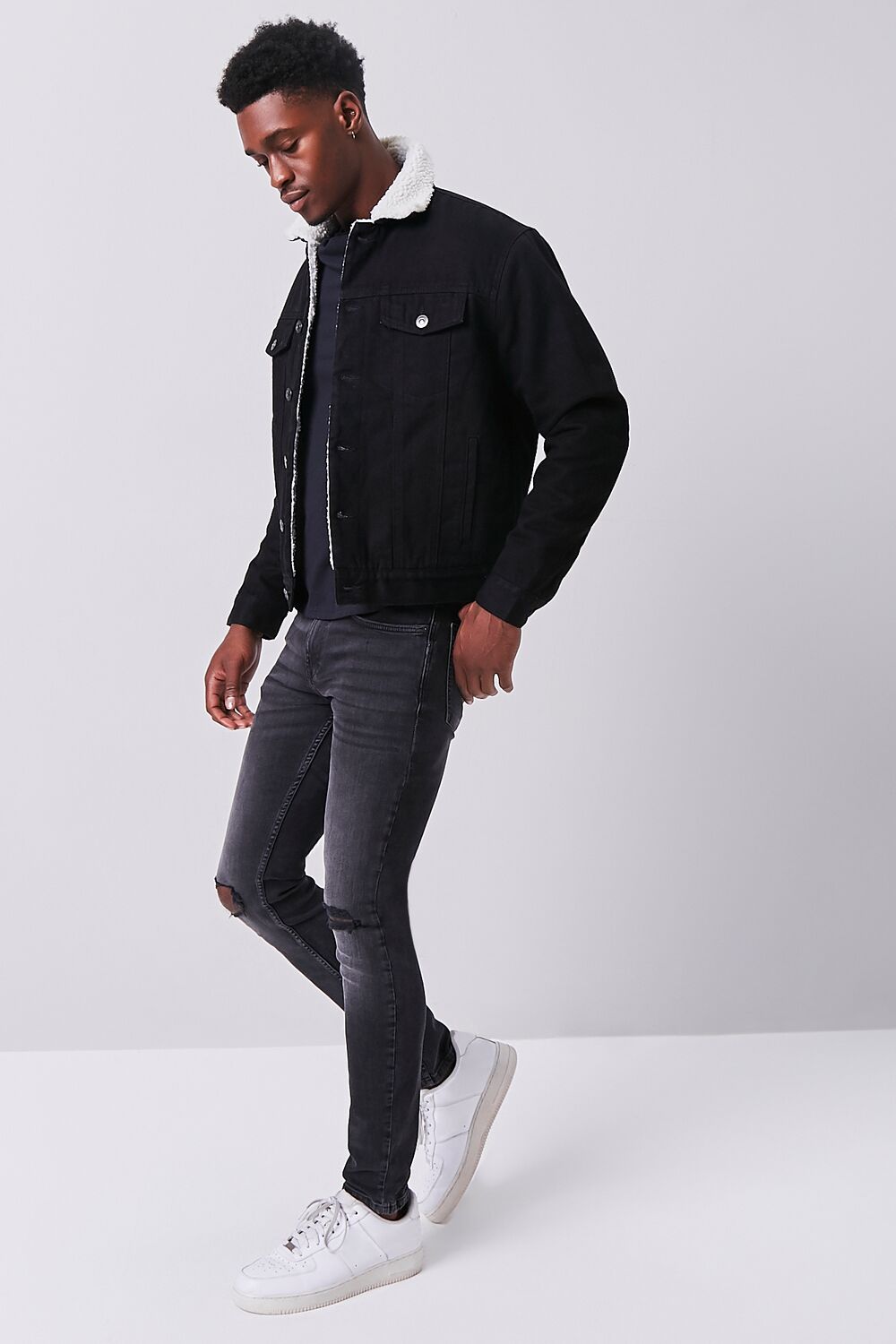  Forever 21 Denim Faux Shearling Jacket - black-cream-swatch - Bonton