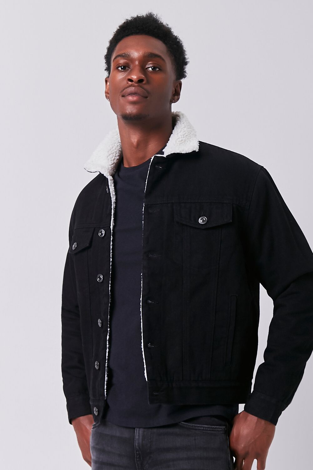  Forever 21 Denim Faux Shearling Jacket - black-cream-swatch - Bonton