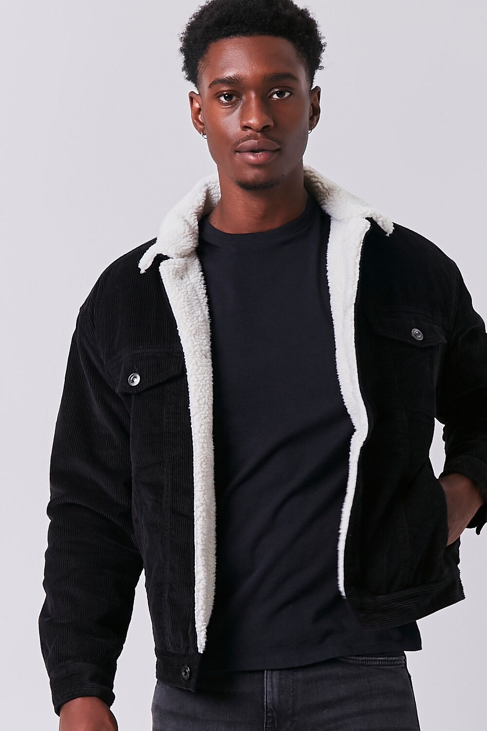  Forever 21 Corduroy Faux Shearling Jacket - black-cream-swatch - Bonton