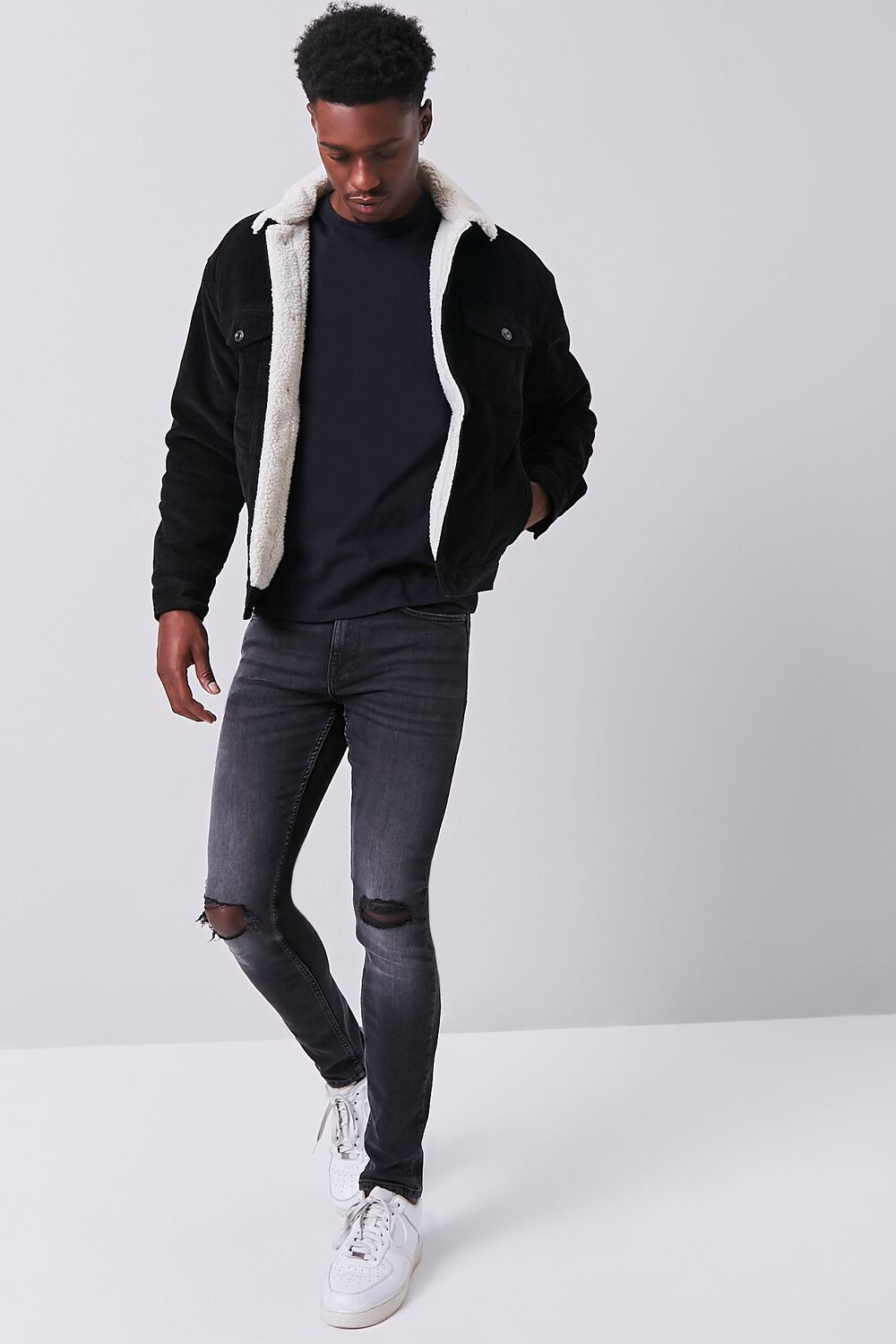  Forever 21 Corduroy Faux Shearling Jacket - black-cream-swatch - Bonton