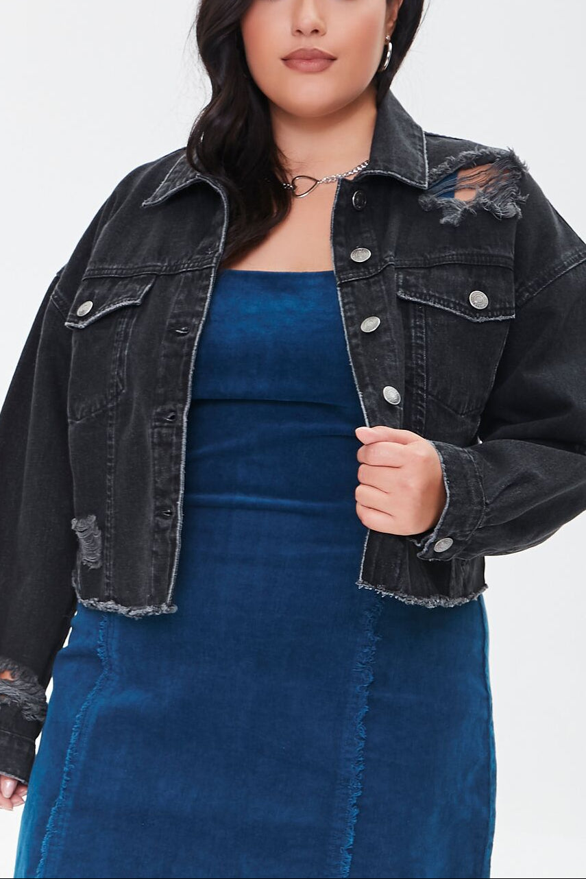  Forever 21 Plus Size Distressed Denim Jacket - black-swatch - Bonton