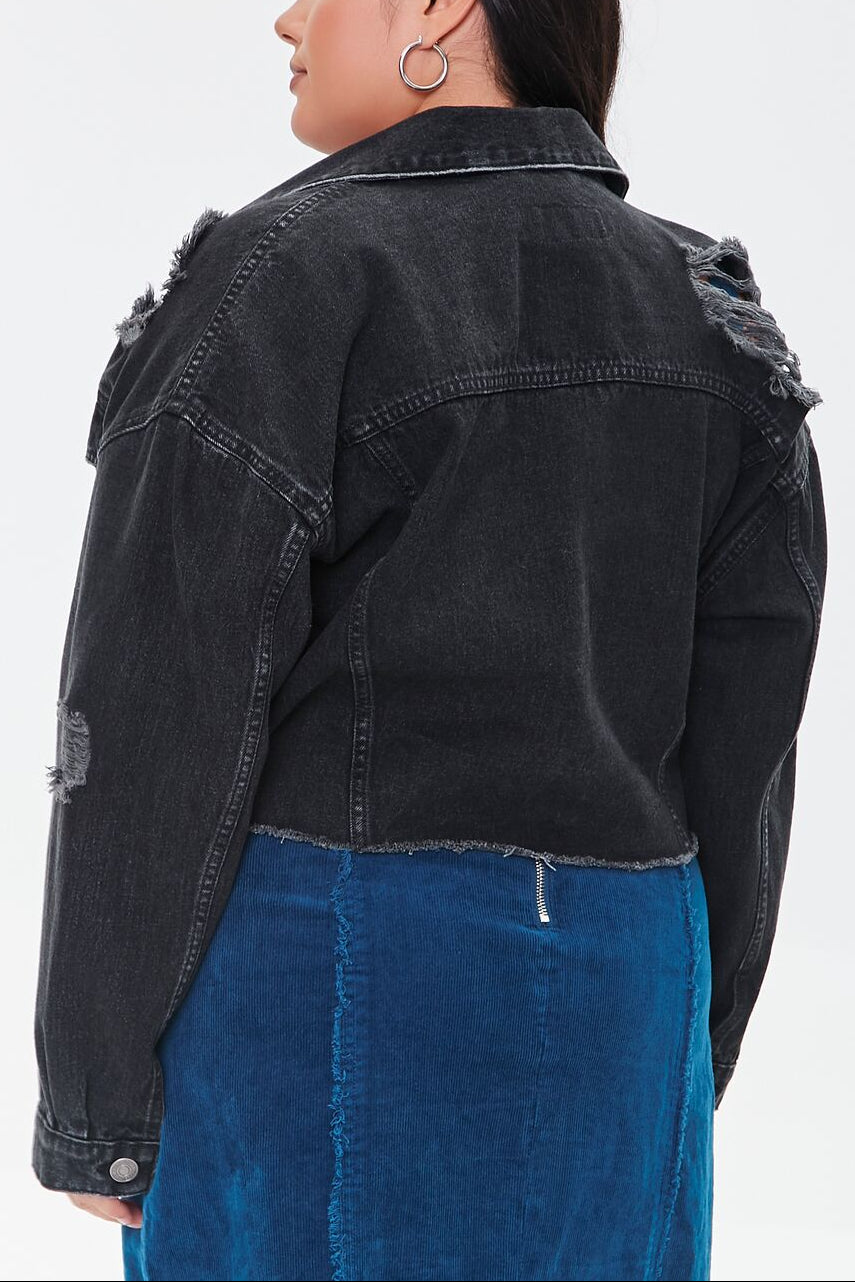  Forever 21 Plus Size Distressed Denim Jacket - black-swatch - Bonton
