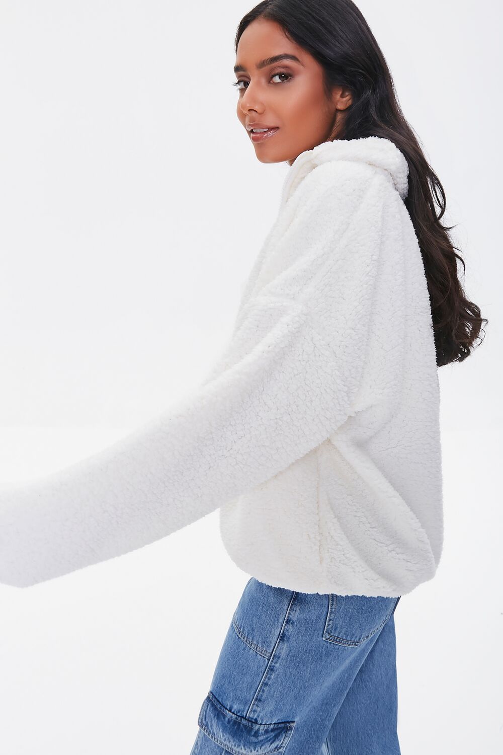  Forever 21 Faux Shearling Zip-Up Jacket - cream - Bonton