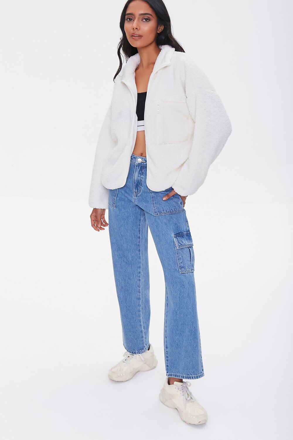  Forever 21 Faux Shearling Zip-Up Jacket - cream - Bonton