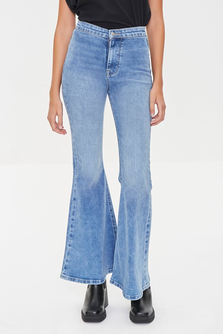 Forever 21 Recycled Cotton Faded Flare Jeans - medium-denim - Bonton
