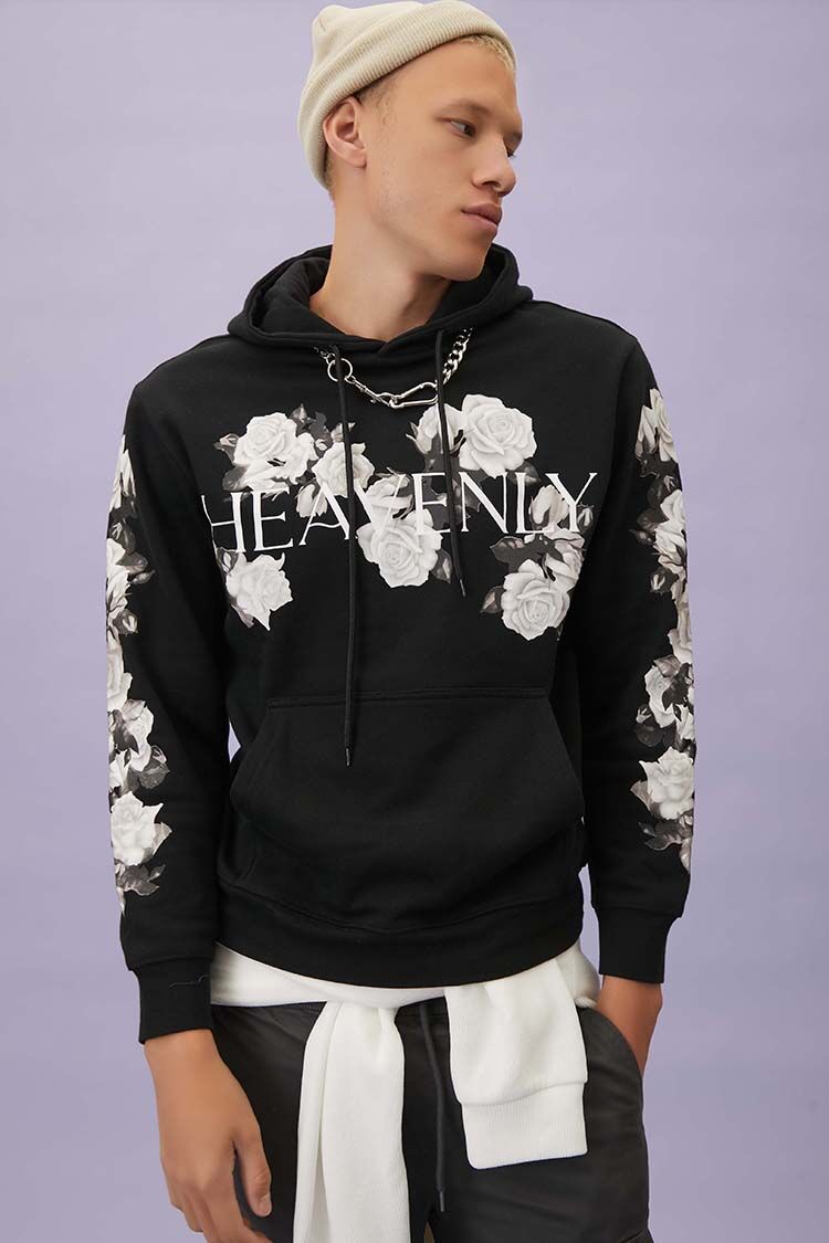  Forever 21 Heavenly Floral Print Hoodie - black white - Bonton