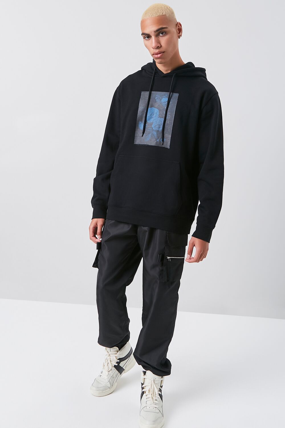  Forever 21 Flower Painting Graphic Hoodie - black blue - Bonton