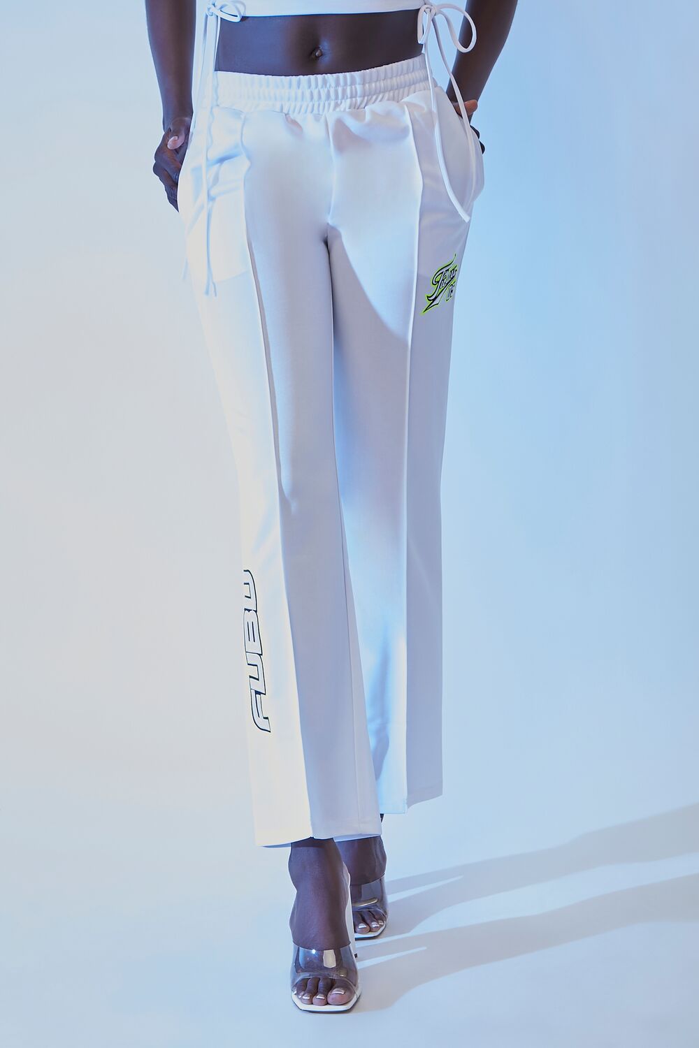  Forever 21 FUBU Embroidered Mesh Pants - white-multi - Bonton