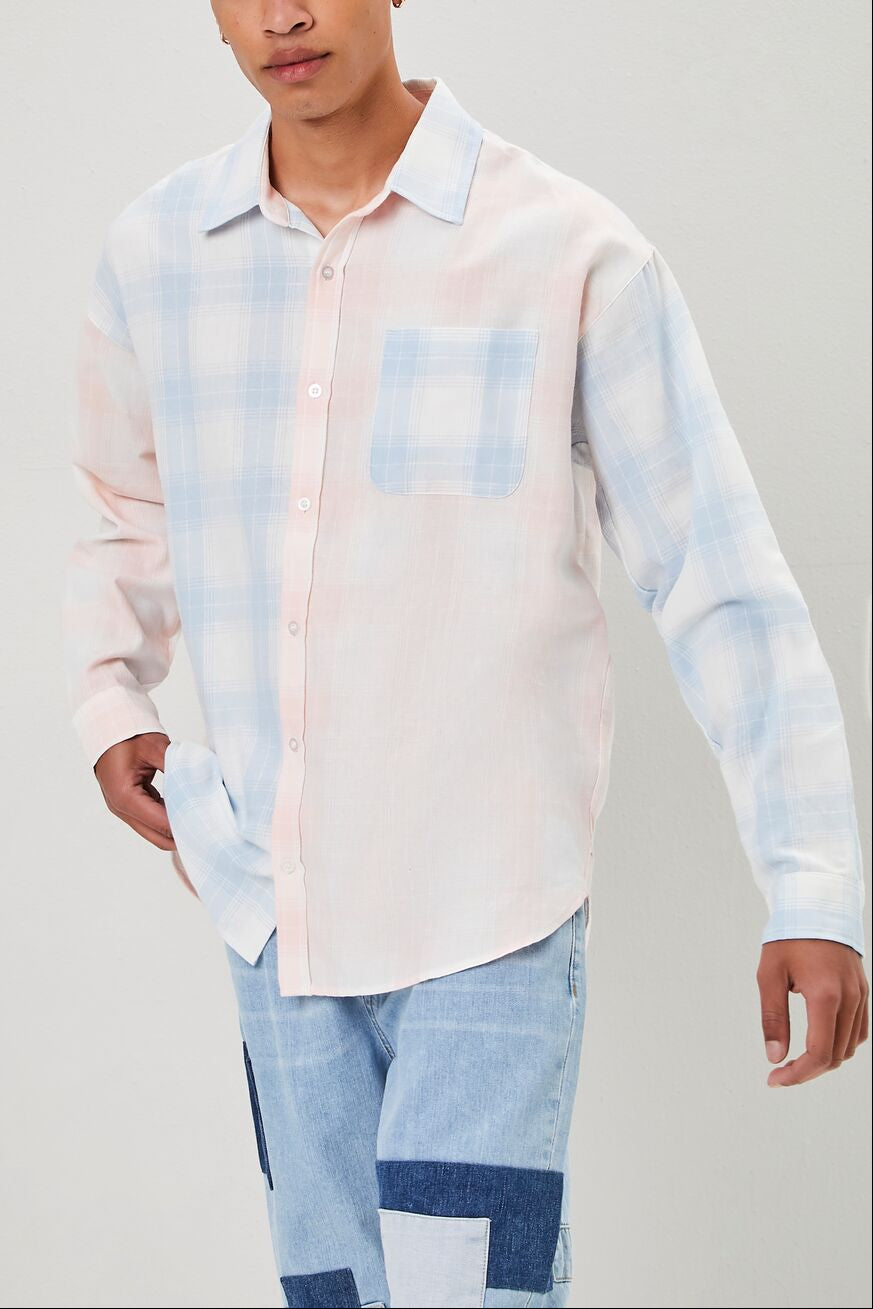  Forever 21 Reworked Plaid Button-Front Shirt - light pink blue - Bonton