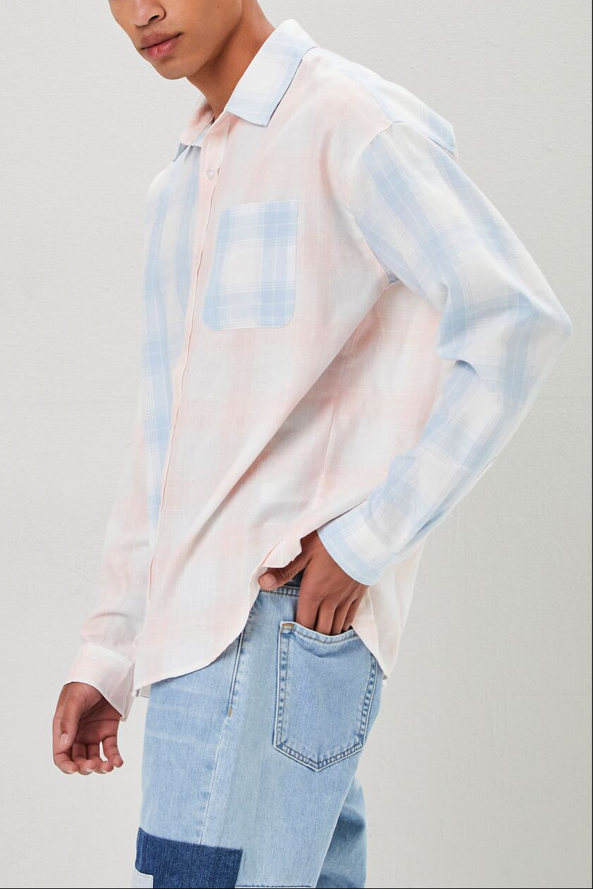  Forever 21 Reworked Plaid Button-Front Shirt - light pink blue - Bonton
