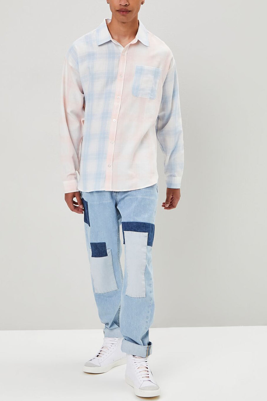  Forever 21 Reworked Plaid Button-Front Shirt - light pink blue - Bonton