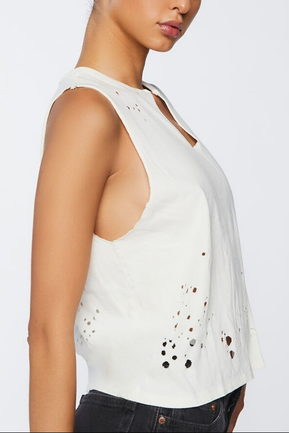  Forever 21 Distressed Muscle Tee - cream - Bonton