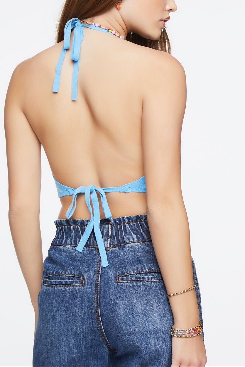  Forever 21 Checkered Sweater-Knit Halter Top - blue multi - Bonton