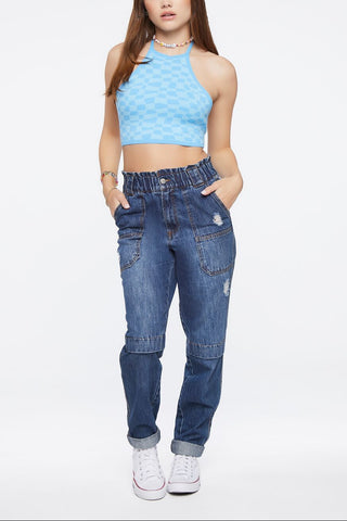 Checkered Sweater-Knit Halter Top