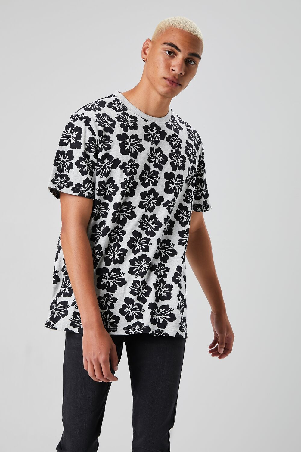  Forever 21 Tropical Floral Print Crew Neck Tee - heather grey black - Bonton