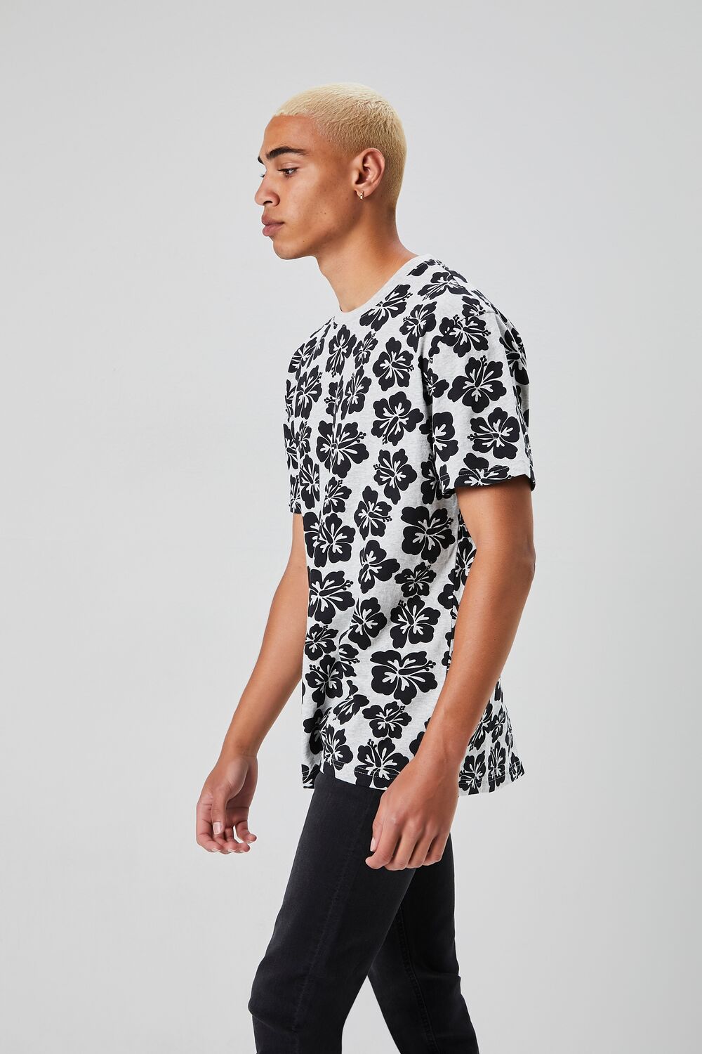 Forever 21 Tropical Floral Print Crew Neck Tee - heather grey black - Bonton
